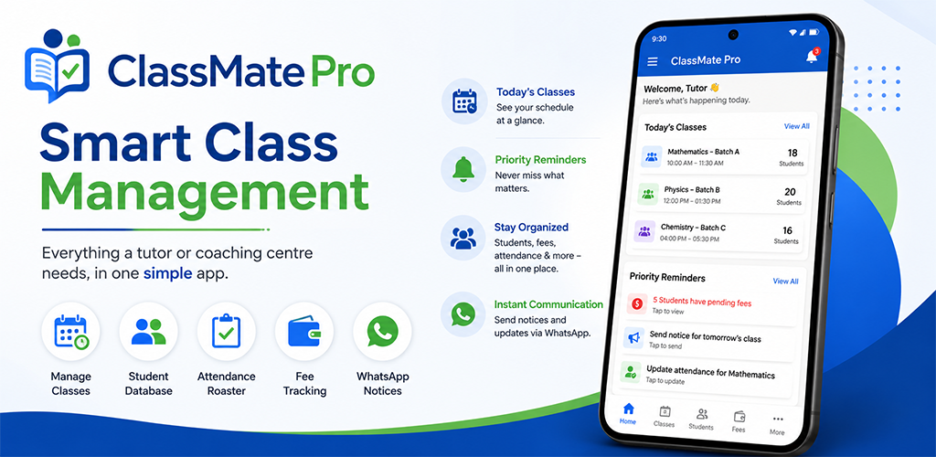Classmate Pro app screen showing today's classes, priority reminders, and student overview for a tutor
